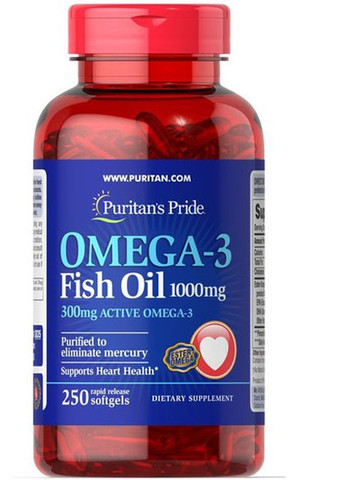Puritan's Pride Omega-3 Fish Oil 1000 mg 250 Softgels Puritans Pride (257342605)