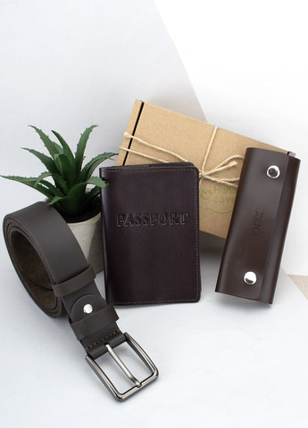Подарунковий набір для чоловіка №14: Ремінь + ключниця + обкладинка на паспорт (коричневий) HandyCover (267927680)