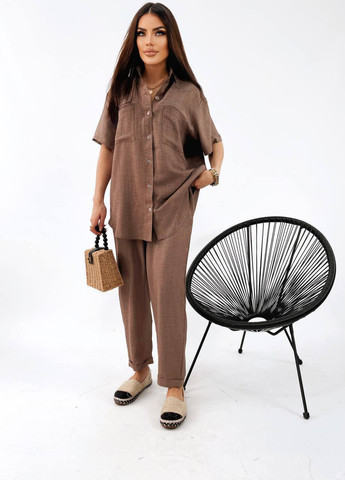 Женский льняной костюм рубашка и брюки кофейного цвета р.54/58 421113 New Trend (258685903)