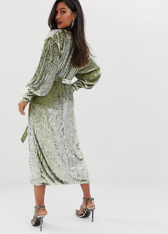 Зеленое праздничный, вечернее платье миди с пайетками и запахом edition Asos