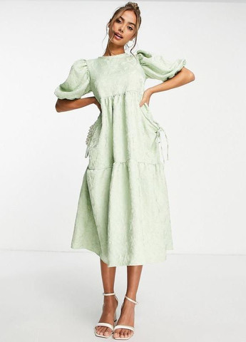 Зеленое зеленое ярусное платье жаккардовое меди с карманами-книжками design Asos