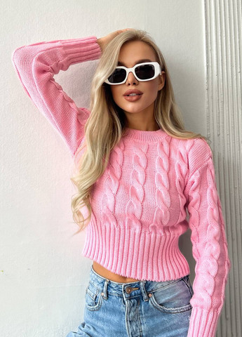 Жіночий светр укорочений з візерунком коси рожевого кольору р.42/46 396786 New Trend (258967777)