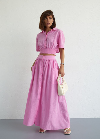 Літній спідничний костюм на ґудзиках - рожевий Lurex (262810655)