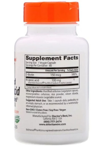 Stabilized R-Lipoic Acid 100 mg 60 Veg Caps DRB-00123 Doctor's Best (256719053)
