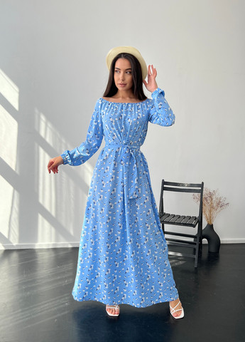 Голубое кэжуал стильное длинное платье в цветочный принт а-силуэт INNOE с цветочным принтом