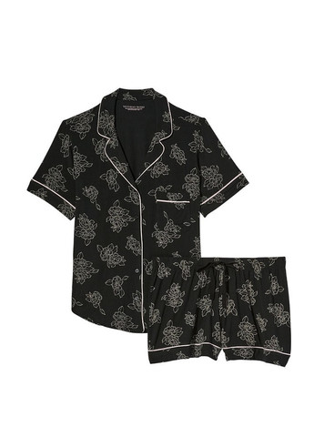 Черная всесезон модальный короткий пижамный комплект рубашка + шорты Victoria's Secret