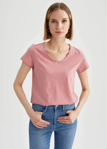 Розовая всесезон футболка женская хлопковая с коротким рукавом DeFacto