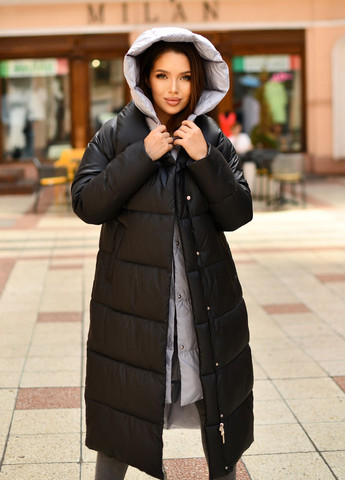 Черное зимнее Женское длинное пальто черное c серым 89942 трансформер Svidni
