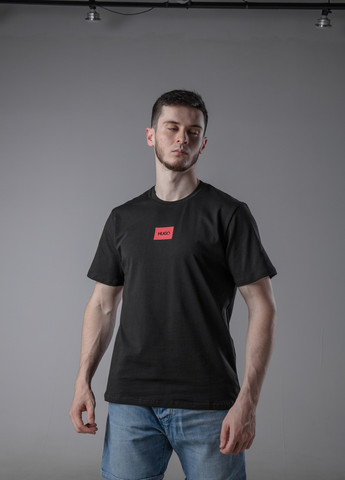 Чорна кежуал базова футболка з лого hugo з коротким рукавом Vakko