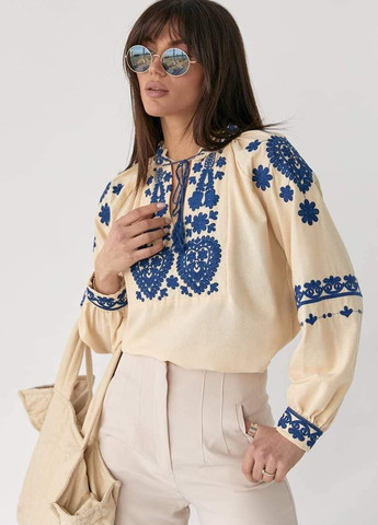 Бежевая блузка вышиванка мия черная (258264030)