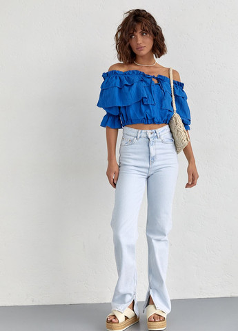 Синяя летняя короткая блуза с воланами - синий No Brand