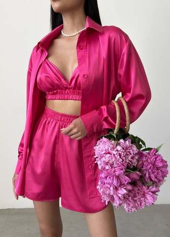 Жіночий костюм трійка із шортами колір малиновий 438070 New Trend (260133429)