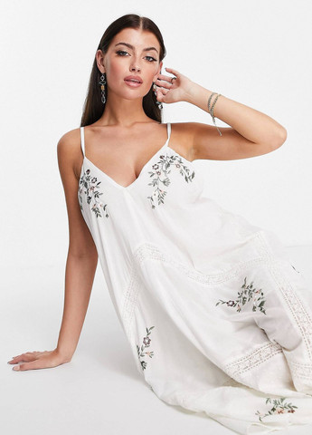 Белое платье мидакси хлопковое с цветочной вышивкой Asos