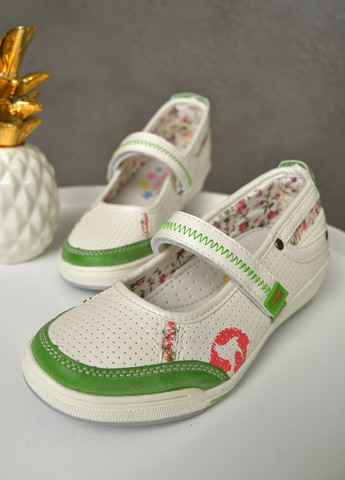 Белые туфли детские девочка белого цвета с зеленой вставкой без шнурков Let's Shop