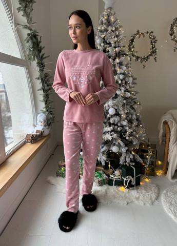 Розовая женская теплая махровая пижама No Brand