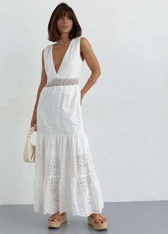 Белое коктейльное длинное платье из прошвы и кружевом на талии - белый Lurex
