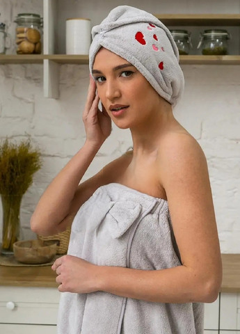 Unbranded женский набор 2 в 1 для бани сауны полотенце халат на резинке чалма тюрбан на голову микрофибра (474280-prob) серый сердечки сердечки серый производство -