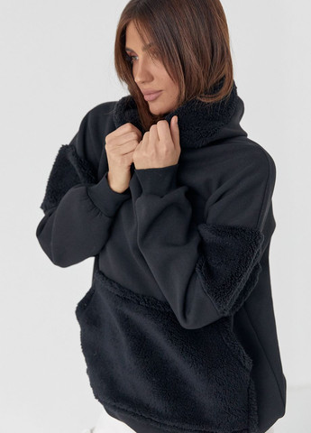 Теплое женское худи с меховыми вставками - черный Lurex (277358413)