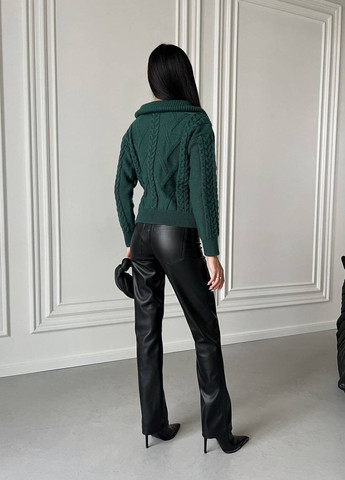 Зелений женский свитер с v-образнм воротником и молнией цвет темно-зеленй р.42/46 445974 New Trend