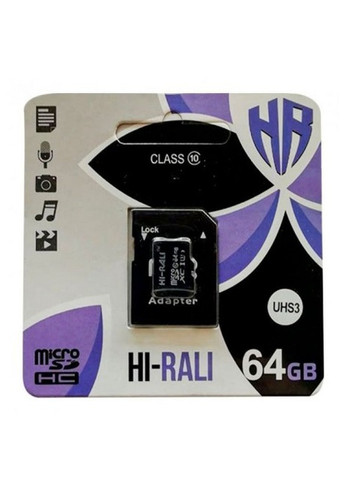Карта пам'яті + адаптер Hi-Rali 64 Гб MicroSDXC (максимальна швидкість 104Мб/с, швидкісна, UHS-1) - Чорний China (258925323)