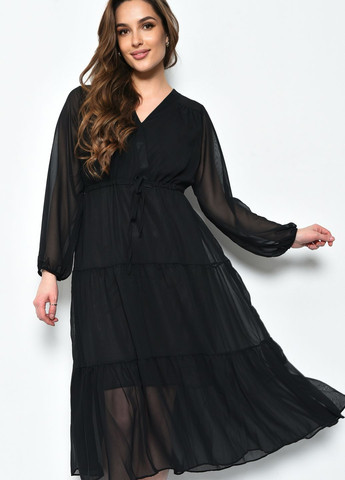 Черное кэжуал платье женское шифоновое черного цвета баллон Let's Shop однотонное