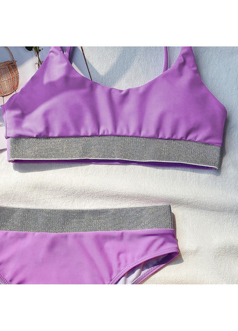 Фиолетовый летний купальник раздельный с блестящими вставками сиреневый топ No Brand