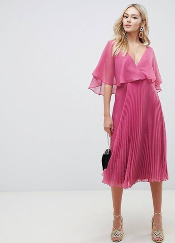 Розовое платье миди с рукавами клеш и плиссированной юбкой design Asos