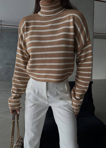 Коричневий демісезонний базовий стильний светр під горло в смужку BADU