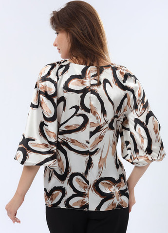 Комбинированная демисезонная атласная блуза с вырезом каре и объемными рукавами 1309 Cat Orange