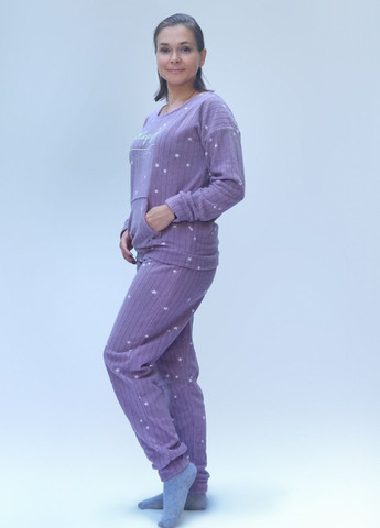 Сиреневая зимняя флисовая женская пижама в рубчик свитшот + брюки Pijamoni