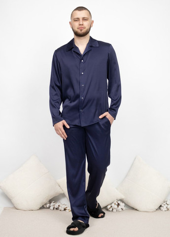 Піжама костюм чоловічий домашній шовковий сорочка зі штанами Темно-синій Maybel (276838404)