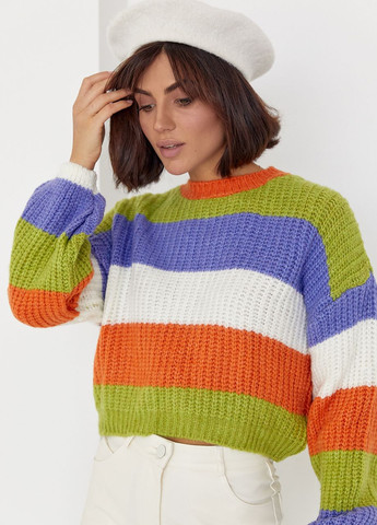 Оранжевый демисезонный укороченный вязаный свитер в цветную полоску - оранжевый Lurex