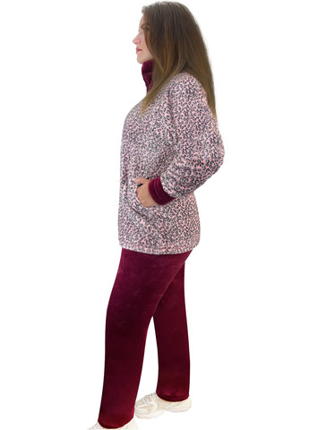 Бордовая всесезон комплект махровый на молнии леопард кофта + брюки Жемчужина стилей 1380