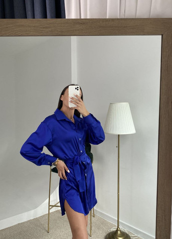 Синее повседневный нежное классическое женское платье-рубашка No Brand однотонное