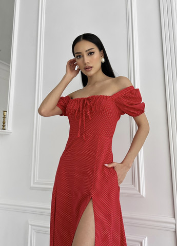 Красное повседневный нежное летнее платье в горошек з разрезами Jadone Fashion в горошек