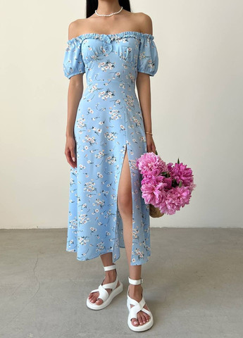 Голубое женское летнее платье миди цвет голубой принт веточка р.42 438589 New Trend