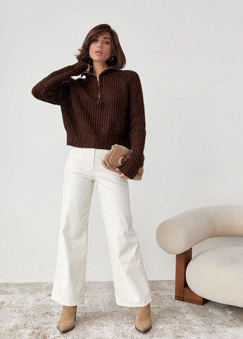 Коричневый зимний женский вязаный свитер oversize с воротником на молнии - коричневый Lurex