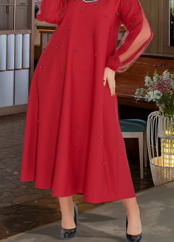 Червона сукні великіх розмірів довга сукня з перлами та красивими рукавами великого розміру (ут000060257) Lemanta