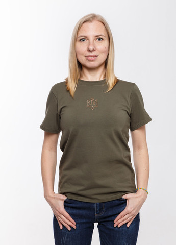 Хаки (оливковая) всесезон женская футболка c вышивкой "тризуб ярослава мудрого" хаки с коротким рукавом Мальви