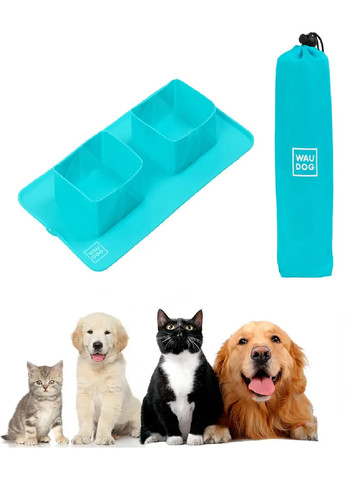 Складной силиконовый коврик с двумя встроенными мисками посуда для животных котов собак 385х230х50 мм (474722-Prob) Голубой Unbranded (259807616)