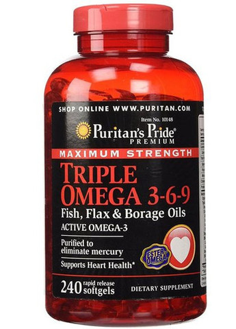 Puritan's Pride Maximum Strength Triple Omega 3-6-9 Fish, Flax & Borage Oils 240 Softgels Puritans Pride (257342604)