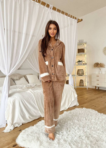 Бежевая всесезон тёплая приятная к телу женская пижама из двухсторонней махры, милые парные пижамы No Brand р-1557 207