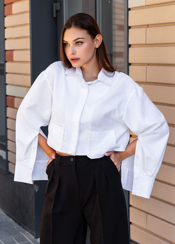 Белая кэжуал рубашка однотонная Jadone Fashion с длинным рукавом