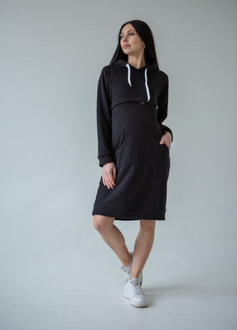 Чорна утеплена сукня-худі для вагітних з серктеом для годування HN
