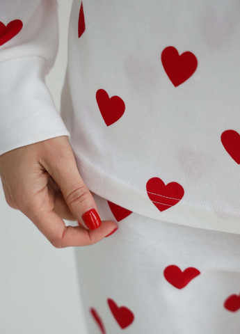 Біла всесезон піжама реглан і штани, принт червоне серце кофта + брюки German Volf