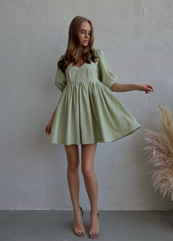 Оливковое женское платье лен No Brand