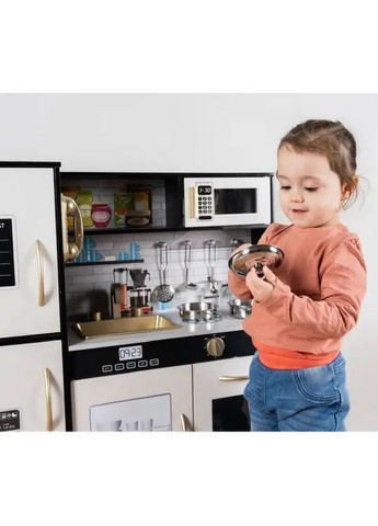 Комплект набір дитяча іграшкова кухня з дерев'яним посудом підсвічуванням звуком (475427-Prob) Чорний з білим Unbranded (267311938)