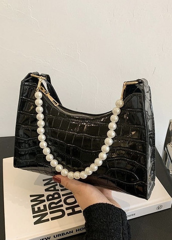 Женская маленькая сумка рептилия багет крокодиловая кожа с жемчугом черная No Brand (259473652)
