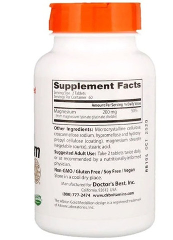 High Absorption Magnesium 100% Chelated with Albion Minerals 100 mg 120 Tabs DRB-00025 Doctor's Best (258498935)