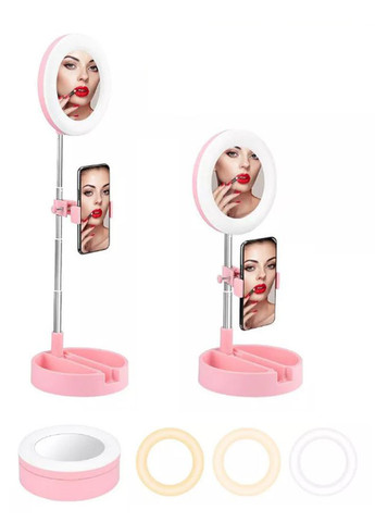 Кільцева LED лампа настільне дзеркало для макіяжу 16 см із тримачем для смартфону Mashele (258780030)